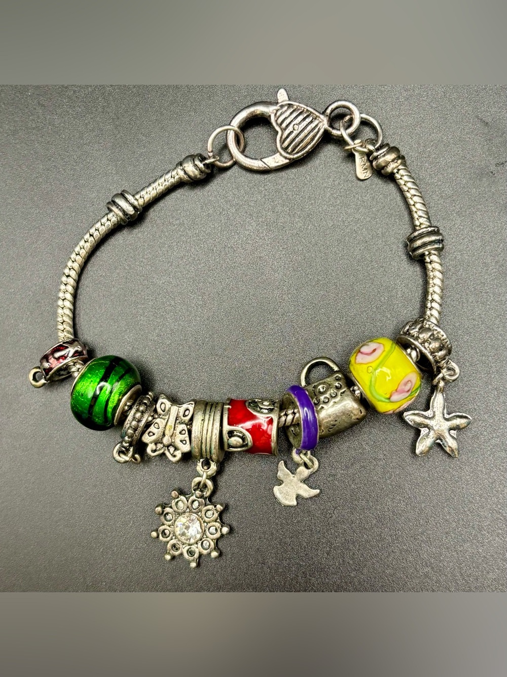Vintage RMN Charm Bracelet Snake Chain Glass Beads Starfish Butterfly Sun 8"
